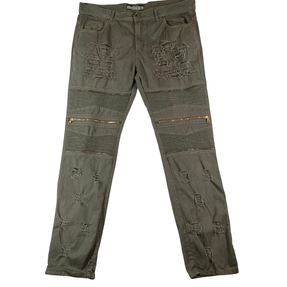 Focus Brand Jeans Mens 40x34 Biker Pants Olive Green Distressed Moto Zippers
